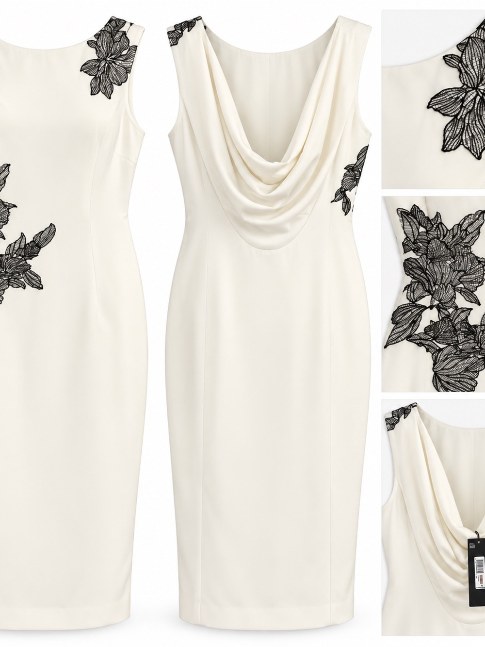 Donna Karan Ivory Cowl Neck Sheath Dress with Black Floral Appliqué